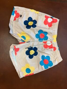 OAS Men's Daisy Floral Swim Trunks in Beige with Blue, Yellow, Red Accents
